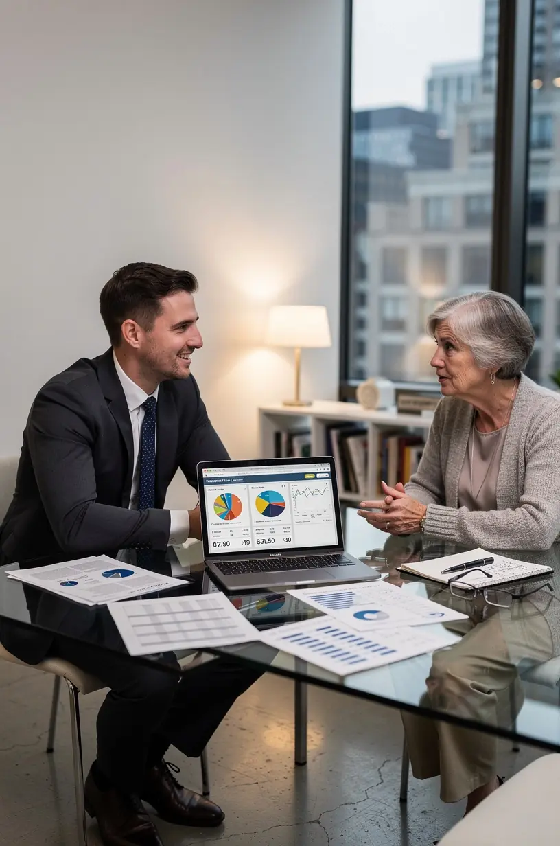 Személyes pénzügyi tanácsadó szakember konzultációt tart ügyféllel modern irodában.
