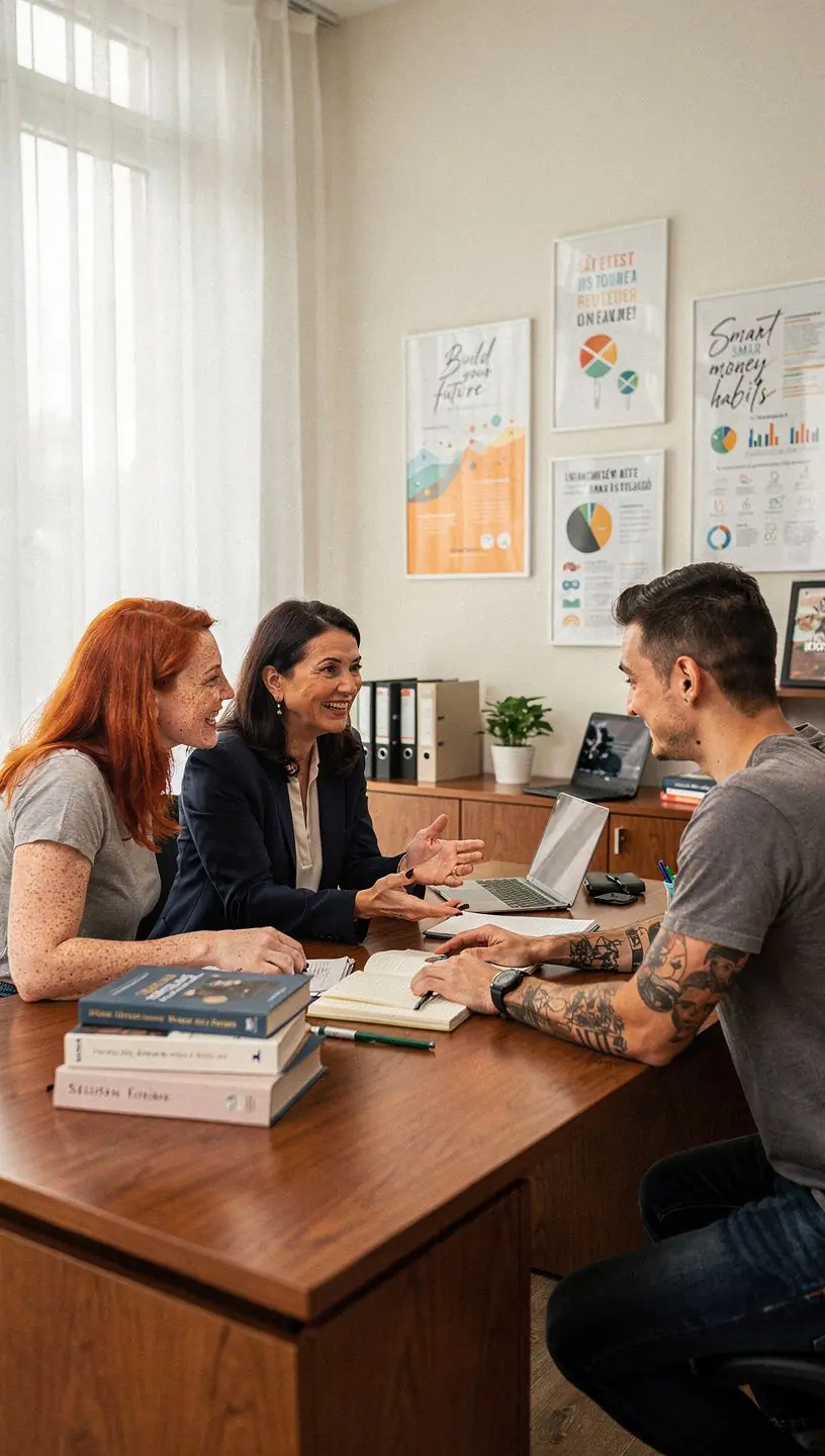 Nyitott könyv és jegyzetfüzet egy asztalon, pénzügyi tervezéshez használt eszközök között.